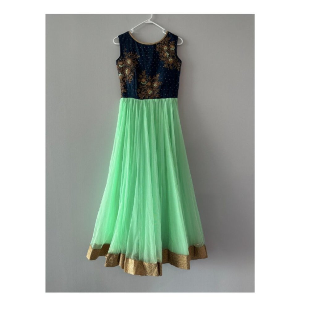 Mint Green Navy Blue Floor Length Anarkali Bollywood Gown Dress churidar sari